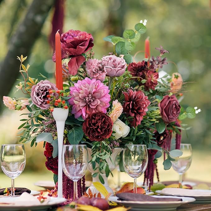 Artificial Flowers Combo Box, 38PCS Fake Flowers, Silk Flower Mix with Wire Stem, DIY Wedding Bridal Bouquet for Arrangement, Shower Party Home Décor, Blush Pink & Burgundy Mix