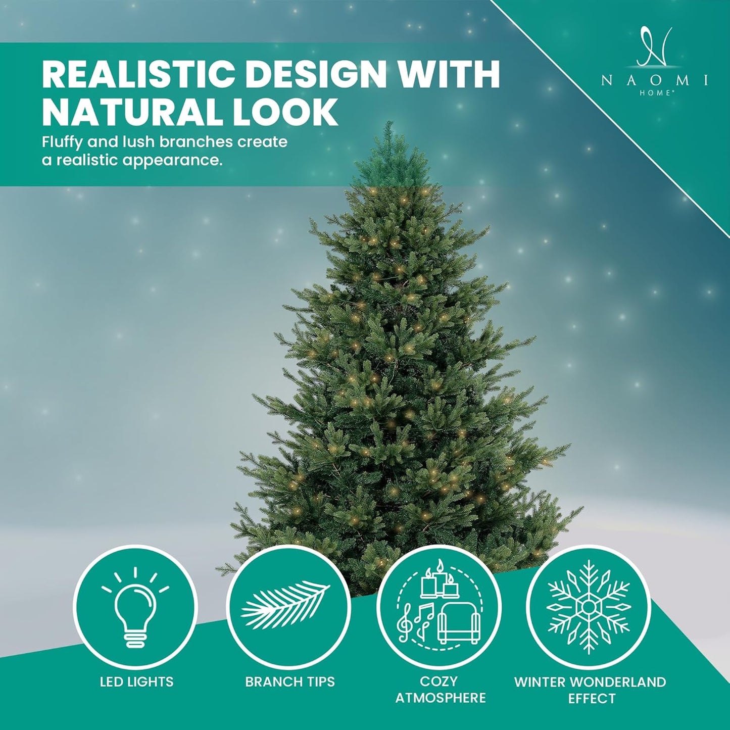 Kinsley 7.5ft Prelit Aritificial Christmas Tree with 4130 Branch Tips, 600 Warm Lights and Metal Stand, 59" Wide Realistic Traditional Christmas Tree with Lights by Naomi Home