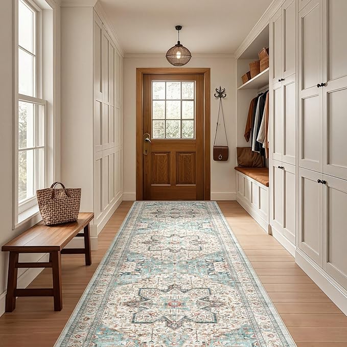 Tortania Area Rug 3x8 Runner Rugs - Washable Vintage Oriental Farmhouse Thin Indoor Carpet for Living Room Bedroom Hallway Entryway Kitchen Under Dining Table Home Office - Aqua Multi