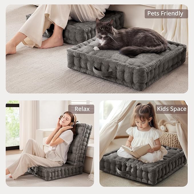 Intelligent Design Azza Floor Pillow, Large Cushions Sitting for Adults, Floor Pillow for Meditation or Yoga, Lustrous Chenille Tufted with Scalloped Edges for Bench/Chair Cushion, 24"x24"x5" Charcoal