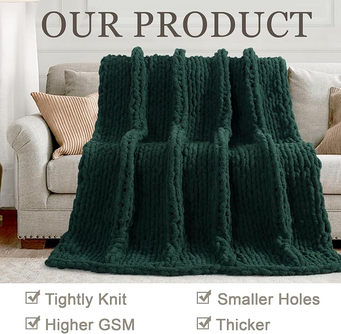 Chunky Knit Throw Blanket 60x80, 100% Handmade Chenille Yarn | 6.7lbs Soft Thick Cable Knitted Blankets, Large Rope Knot Crochet Throws for Couch Sofa Bed Christmas Fall Decor, Dark Green