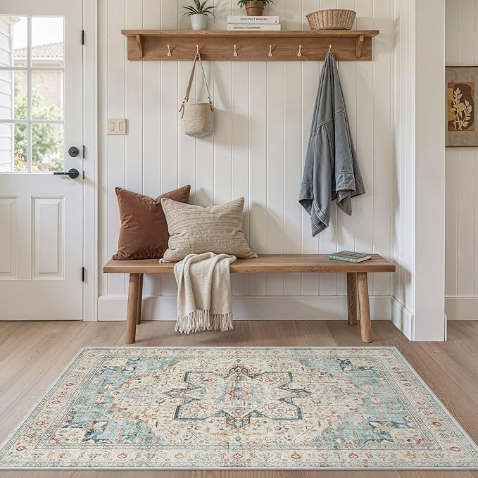 Tortania Area Rug Living Room Rugs - 3x5 Washable Rug Vintage Oriental Distressed Farmhouse Small Thin Indoor Carpet for Living Room Bedroom Under Dining Table Home Office - Aqua Multi