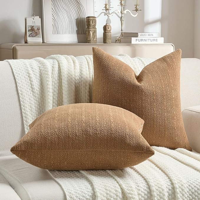 FUTEI Tobacco Chenille Throw Pillow Covers 26x26 Inch Set of 2,Soft Striped & Diamond Textured Euro Pillow Shams,Modern Home Decor for Couch Living Room