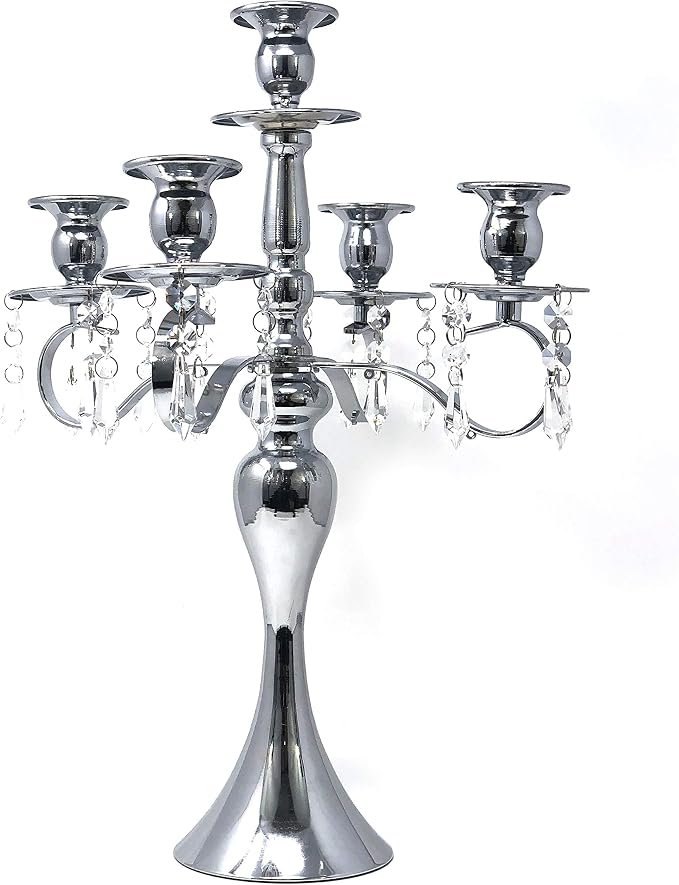 Allgala Silver Candle Holder 19" 5-Arm Silver Chrome Plated Taper Candle Holder Candlestick Candelabra
