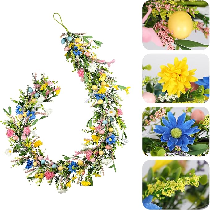 6ft Easter Garland - Spring Garland with Egg and Mixed Berry,Hanging Rustic Pastel Wreaths DIY Artificial Decorations Garland for Home Table Indoor Outdoor Easter Mantel Decorations