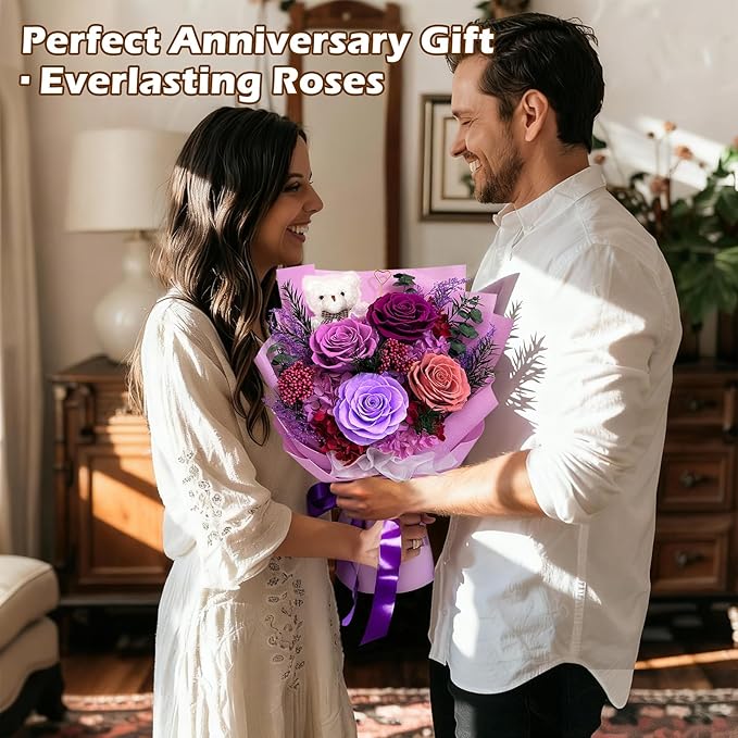 Preserved Flowers Bouquet with Bear&Photo Clip,Last 1-3 Years,4 Real Roses,Flowers for Delivery Prime,Valentine,Mother's day,Anniversary,Birthday Gifts for Grandma Mom Wife Daughter Women Her,Purple