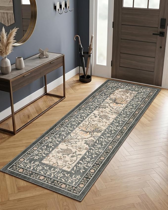 GarveeHome Grey Washable Kitchen Runner Rug: 2'6" x 8' Hallway Rug Non Slip Low-Pile Stain Resistant Cottage Core Vintage Farmhouse Soft Runners for Entryway Laundry Room