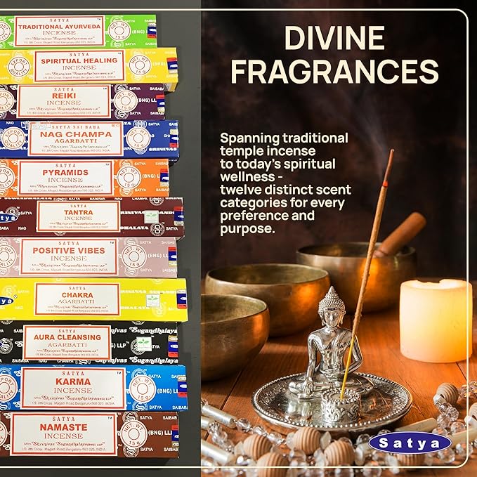 Satya Incense Sticks - Nag Champa, Namaste, Positive Vibes, Tantra, Buddha Blessing, Aura Cleansing, Chakra, Pyramids, Reiki, Karma, Spiritual, Traditional Ayurveda, Pack of 12 Assorted Fragrances