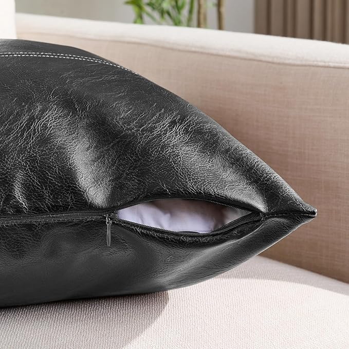 Fancy Homi Black Boho Faux Leather Decorative Throw Pillow Covers 20x20 Inch for Living Room Couch Bed Sofa, Rustic Modern Farmhouse Home Decor, Hand Stitched Square Cushion Case 50x50 cm