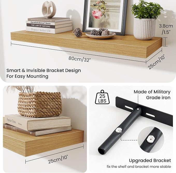 Fun Memories 32 x 10 Floating Shelves Wall-Mounted - Rustic Wood Shelf - 10 Inch Deep Floating Shelves for Wall - Large Storage Shelf for Bathroom - Kitchen & Bedroom - Oak - Set of 3