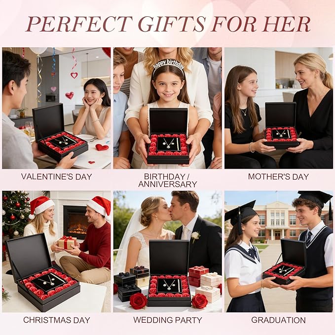 WDS WONDROUS Preserved Rose Jewelry Set for Women, 4-Piece Red Rose Gift Box with Necklace Earrings Bracelet, Valentines Day Anniversary Birthday Gift for Her Wife Girlfriend Mom