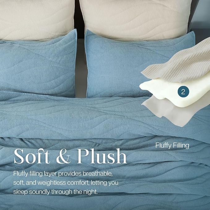 DOWN HOME Crinkle Textured Velvet Quilt Set with Shams, All-Season Luxury Modern Bedding,Easy Care Comforter,Ultra-Soft,Lightweight & Breathable, Queen, Celestial Blue