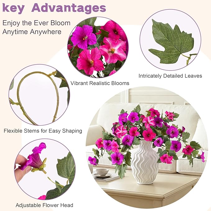 Artificial Fake Flowers for Outdoor Spring Decoration, 2PCS Faux Silk Petunias No Fade UV Resistant Flowers for Outside Garden Porch Yard Balcony Patio Realistic Indoor Decor(Fuchsia)