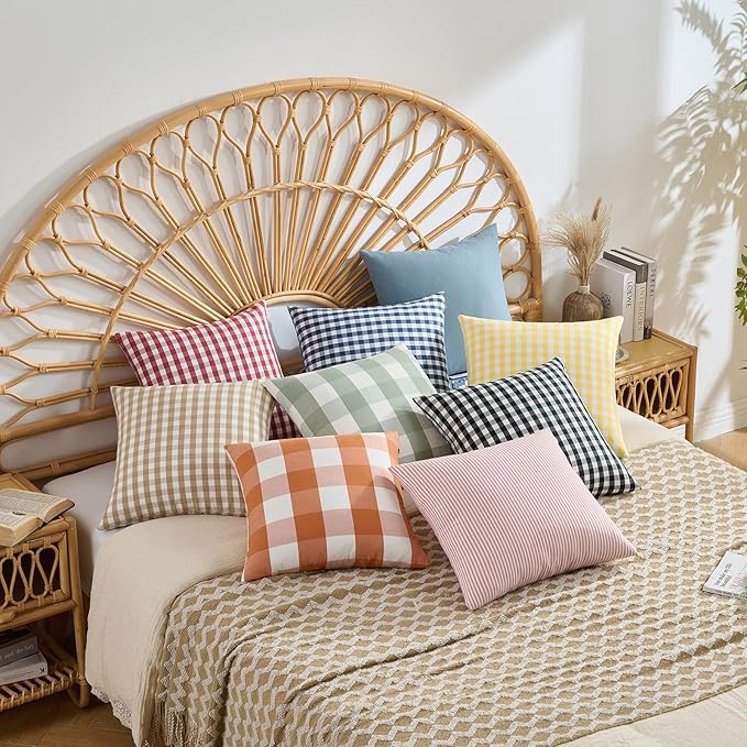 Cute Pink And White Gingham Plaid Pillow Covers 18x18 Set of 2, Light Pink Living Room Decor Throw Pillows For Bed Couch, Farmhouse Outdoor Square Cushion Covers 18 x 18 (No Pillow Inserts)