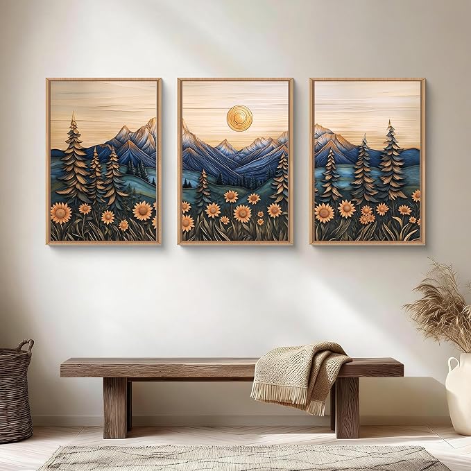 Vintage Woodcut Style Mountain Framed Canvas Wall Art Set, Natural Forest Pine Tree Sunflower Wall Decor,Abstract Sunrise Botanical Landscape Artwork for Living Room,Bedroom,Office-24 x36 x3