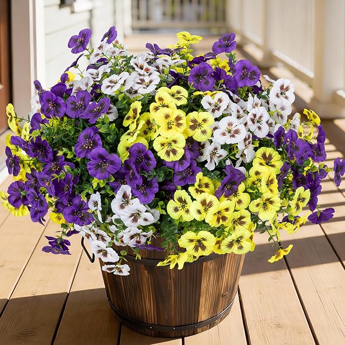 24 Pcs Artificial Fake Pansy Flowers for Outdoor,Faux Silk Plants Flowers UV Resistant Pansies Spring Flowers for Planter Front Door Porch Yard Patio Garden Window Box Home Decor(3 Color)