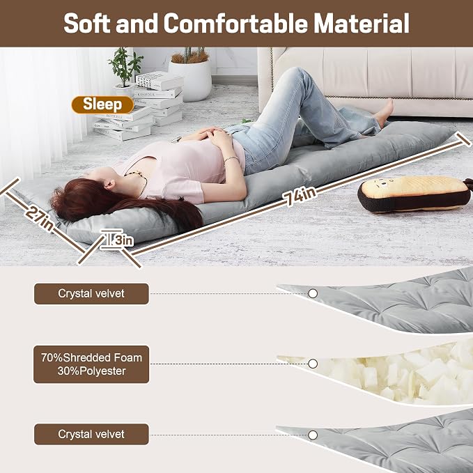 BALAPET Floor Lounger Pillow,Foldable Light Thick Tufted Floor Pillow Cushion with Elasticized Webbing for Easy Storage Floor Lounger for Meditation, Playing, Yoga, Reading, Sleeping(Light Gray)