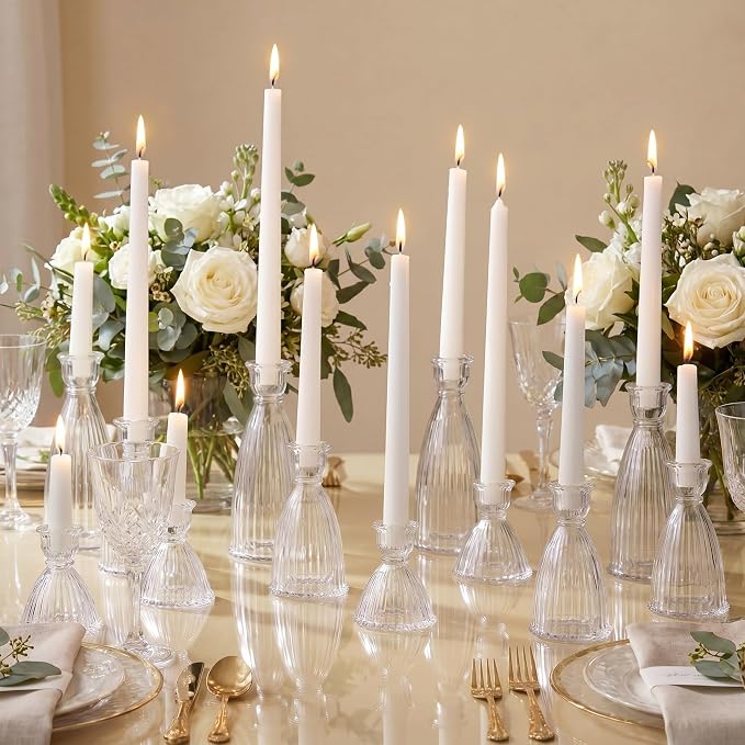 Mumufy 12 Pack Glass Candlestick Holders(3.5", 5.8", 7.9") – Bulk Set of Vintage Clear Tapered Striped Candle Holders for Candlesticks, Banquets, Events, and Festive Parties(Clear)