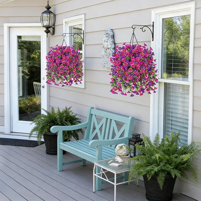 Ivydale 2 PCS Artificial Hanging Flowers Fake Plants Outdoor,Silk Morning Glory Faux Flowers with Eucalyptus Leaf,UV Resistant Realistic Hanging Petunias Plants for Home Garden Decor (Purple+Fuchsia)