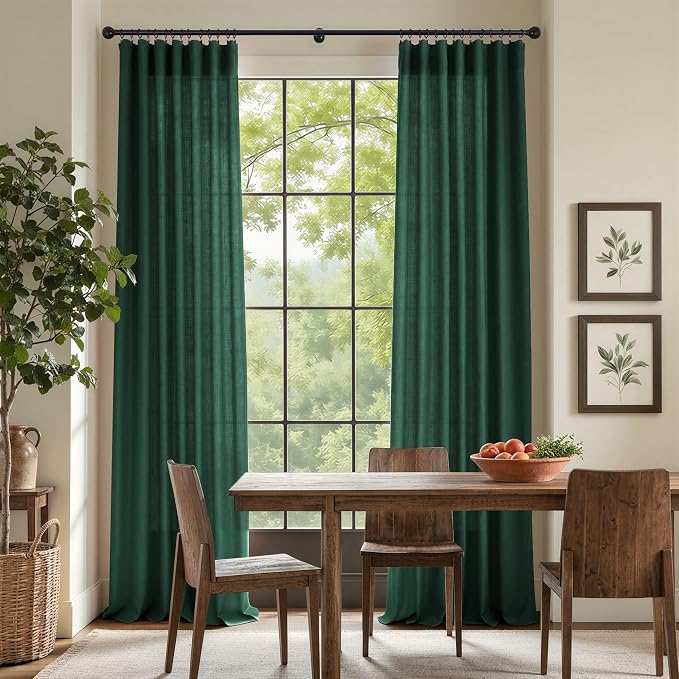 Pitalk Dark Green Curtains 63 Inch Length for Bedroom 2 Panels Back Tab Pocket Lightweight Light Filtering Semi Sheer Linen Hunter Green Curtain for Boys Room Kitchen Olive Forest Decor 52x63