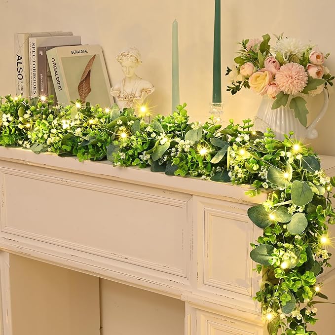 4Pcs Eucalyptus Garland with Lights, Greenery Garland, Green Garland with Flowers, 5.9FT Artificial Faux Eucalyptus Leaves Vines for Table Mantle Home Wedding Party Indoor Outdoor Decor