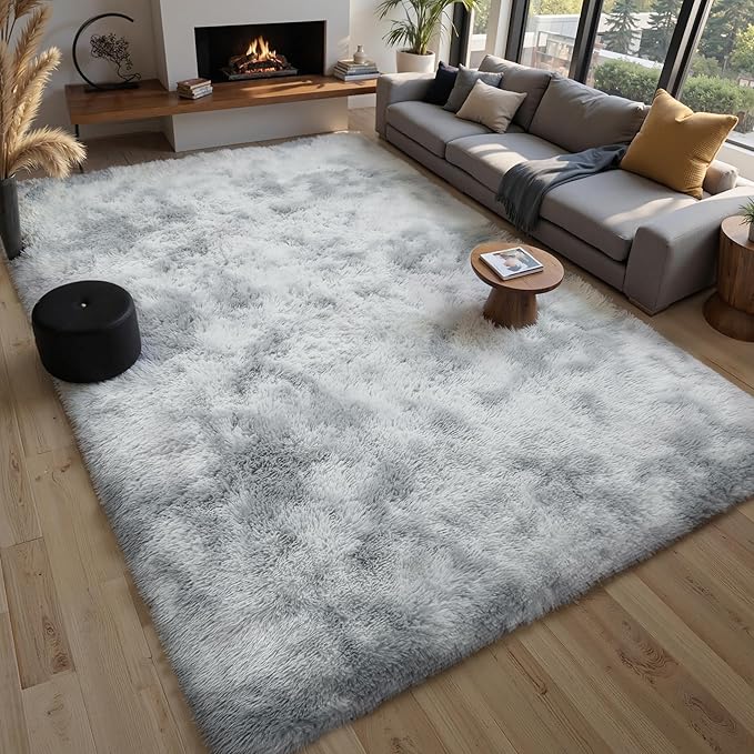 Grey Fluffy 8x10 Large Area Rugs for Bedroom Living Room, Tie-Dye Light Gray Soft Washable Shag Carpet for Kids Room, Nursery, Dorm Decor, Colorful Cute Plush Fuzzy Rugs for Baby Toddler