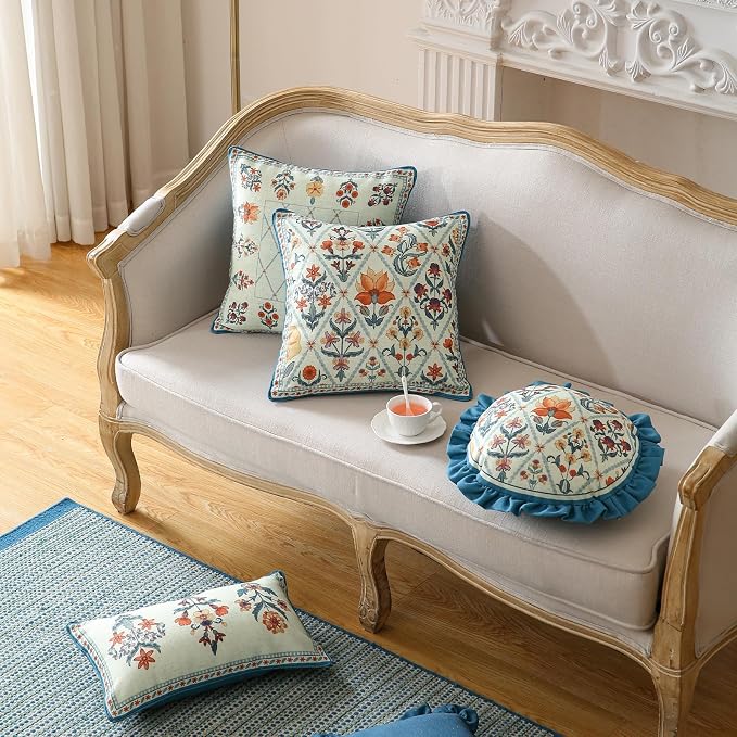 ISAENNE Linen Square Throw Pillow Cover,Set of 2,18"x18"-Floralsea A | Designer French Elegant Pillow Cover,Concealed Zipper Design,Sofa,Bedroom,Living Room,Lounge Chairs,All Season Home Decor