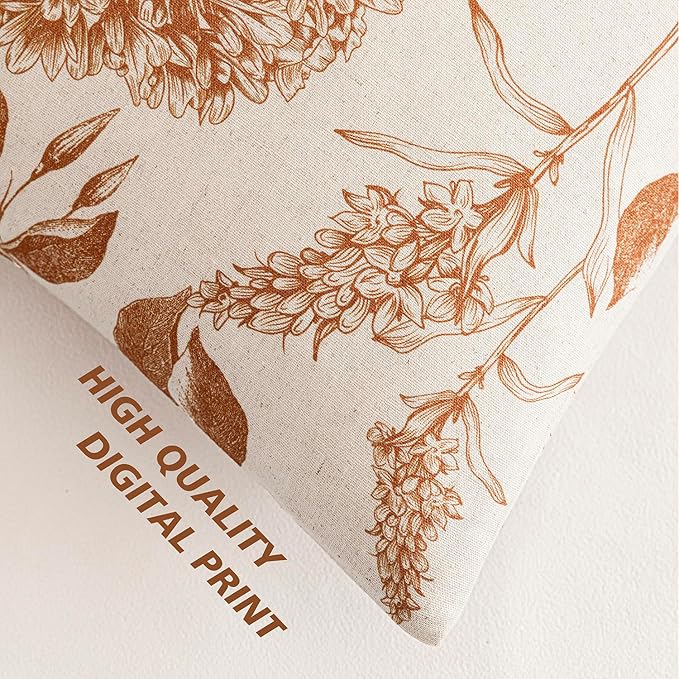 Foindtower Set of 2 Linen Floral Throw Pillow Covers Vintage Accent Print Decorative Cozy Cushion Covers Farmhouse Boho Home Decor for Sofa Chair Couch Bedroom Living Room,20×20 Inch,Autumn Orange