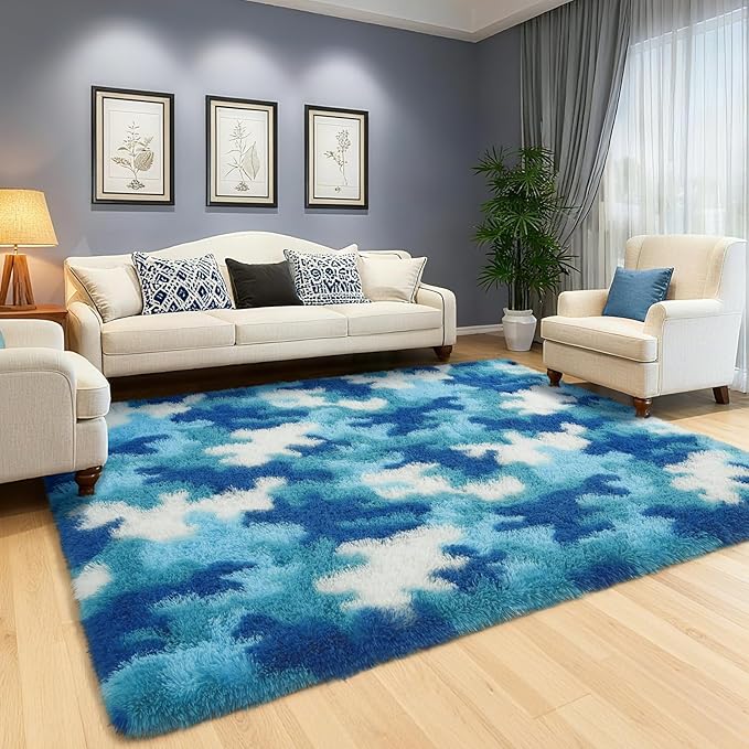 AROGAN Soft Fuzzy Kids Rugs for Girls Room Playroom 8x10 Feet, Fluffy Cute Colorful Princess Carpet for Kids Teens Nursery Toddler, Bedroom, Camouflage Blue and White