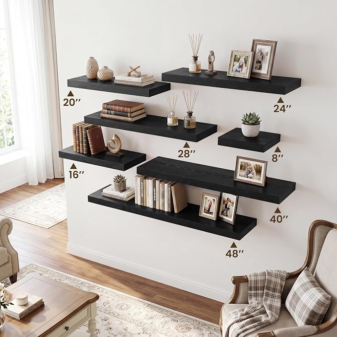 RICHFOCUS 8 Inch Floating Shelves for Wall Small Square Shelves Set for Bedroom|Kitchen|Bathroom|Laundry Room Rustic Wood Wall Mounted Shelf with Invisible Brackets for Books|Storage|Decor, Black