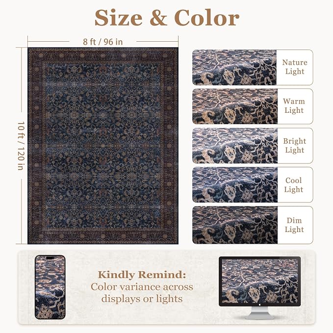 Dark Blue Living Room Rug 8x10, Washable Non Slip Low Pile Thin Carpet for Dining Room, Vintage Print Area Rugs for Bedroom Home Office Old Money Aesthetic