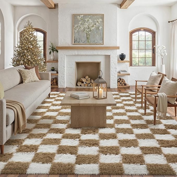 PureCozy 8x10 Area Rugs for Living Room Brown Soft Shag Checkered Large Rug Modern Washable Indoor Office Fuzzy Carpet Non-Slip Fluffy Rugs for Bedroom Nursery Dorm Playroom Home Aesthetic Decor