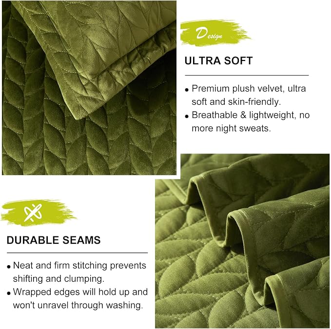 Ivellow Velvet Quilt King Size, Green Lightweight Bedspread Full Soft Reversible Coverlet for All Season 3Pcs Luxury Velvet Comforter with Brushed Microfiber Back Leaf Embroidered Quilted Bedding Set
