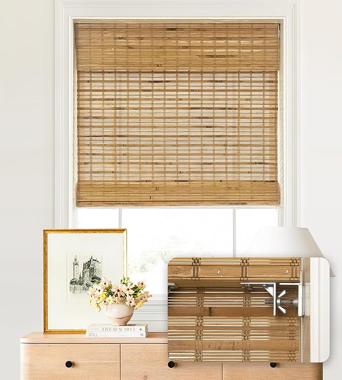 LazBlinds No Tools No Drill Cordless Bamboo Roman Shades, Light Filtering Window Treatment, Roll Up Bamboo Blinds for Windows 42'' W x 64'' H, Dali Native