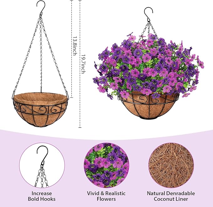 Artificial Fake Hanging Flowers Plants Basket Outdoors, Faux Silk UV Resistant Look Real Daisy Eucalyptus for Spring Summer Garden Porch Home Patio Balcony Yard Decorations, Double Purple