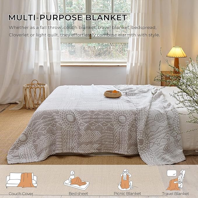 Boho Muslin Throw Blanket Twin Size 60"x80", 100% Cotton Lightweight 4-Layer Reversible Herringbone Quilt, All Season Decorative Blanket for Couch Bed Sofa Home Decor Gift - Grey/Off-White