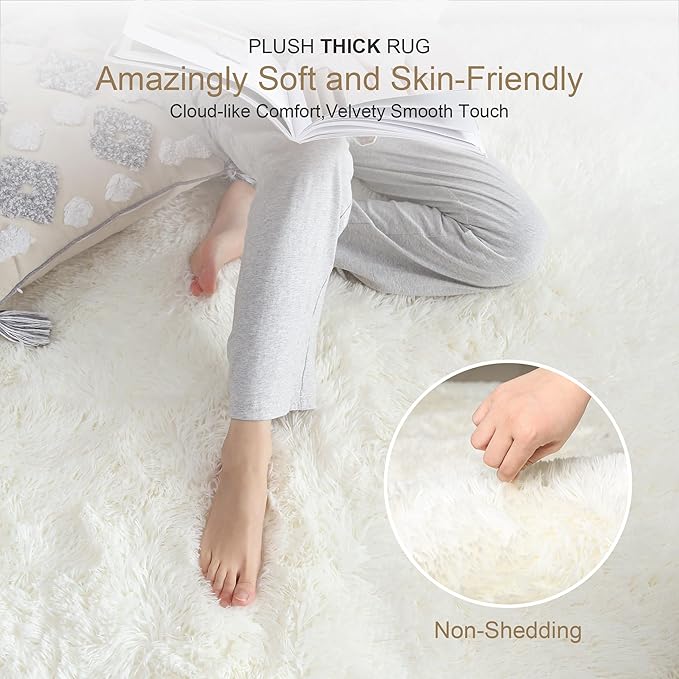 KICHOWUA Thick Area Rug 6x9 Cream White Fluffy Shag for Bedroom Living Room, Soft Plush Washable Thickened Non-Slip Fuzzy Furry Carpet, Modern Shaggy Large Rugs for Kids Nursery Boys Girls Dorm, Ivory