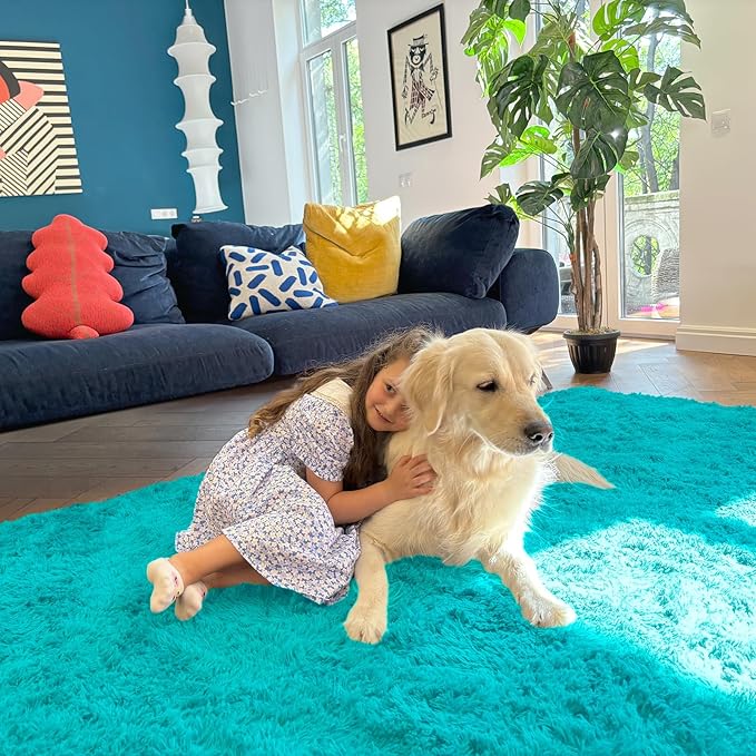 OLANLY 2x5 Machine Washable Runner Rugs for Hallway, Soft Fluffy Shaggy Bedside Rugs for Bedroom, Living Room, Indoor Floor Carpet for Kids Girls Boys, Nursery Rooms, Home Decor Aesthetic, Teal Blue