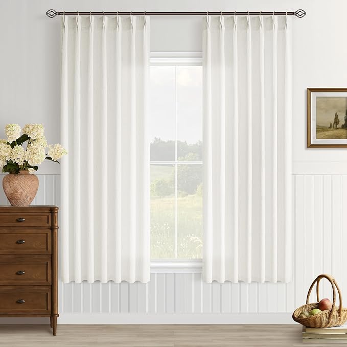 Cream Semi Sheer Linen Pinch Pleated Curtains 63 Inch Long | Beige Ivory Neutral, Light-Filtering Semi Sheer, Bedroom, Faux Linen Textured, Hook Rings Memory Shape Pleat, Boho Modern