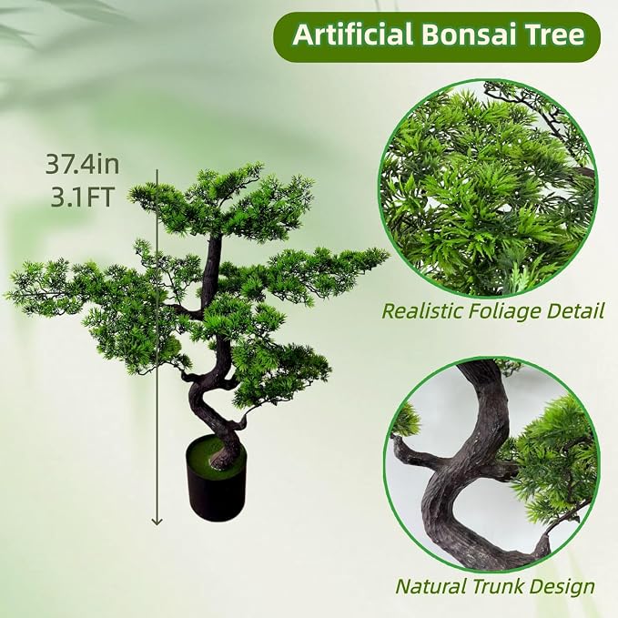 37.5" Artificial Bonsai Tree in Pot – Realistic Cedar Tree Faux Pine Plant for Home & Office Decor, Hotel Lobby Entryway Greenery
