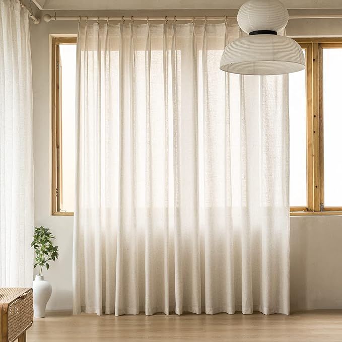 MAIHER Semi Sheer Pinch Pleated Curtains 84 Inches Long, Natural Linen Texture Light Filtering Patio Door Pleated Drapes for Living Room Bedroom, Easy Hanging Via Hooks (54" W x 84" L, 1 Panel)