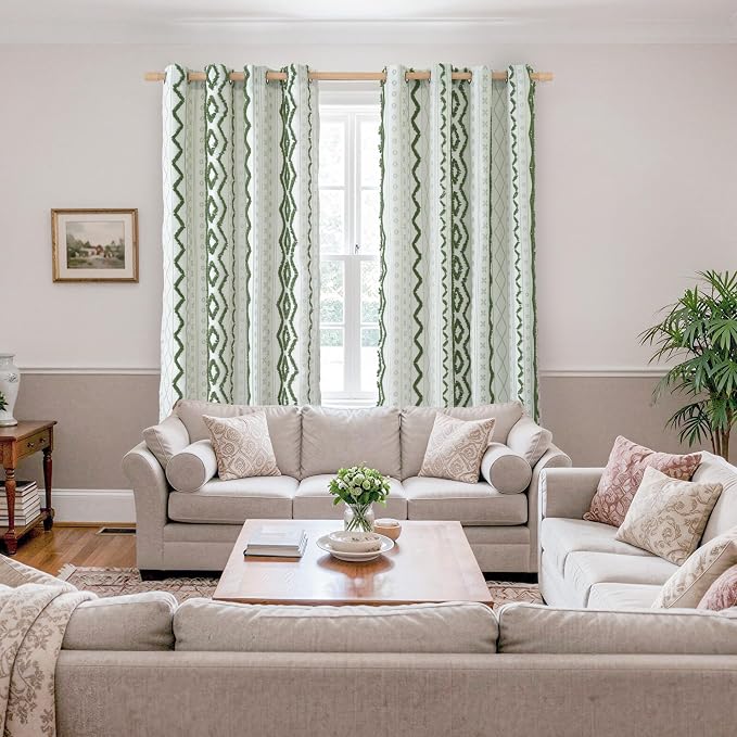 BGment Green Jacquard Curtains with Tufted Pom Stripe Geometric, Boho Linen Pattern Drapes with Grommet for Bedroom Living Room Light Filtering, 52 X 96 Inch, 2 Panels