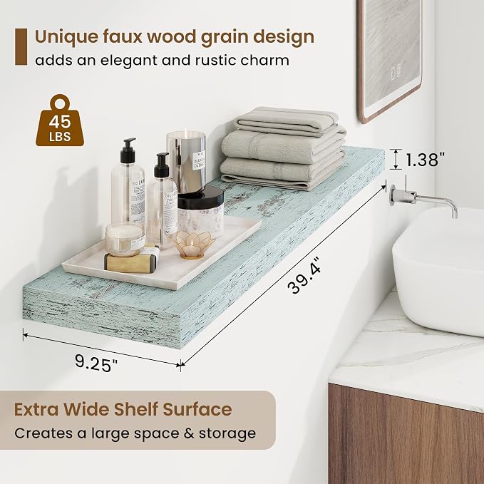 40in Floating Shelves for Wall, 40"W x 9.25"D x 1.25"H, 2 Pack Long Wall Mounted Engineered Wood Shelves with Invisible Brackets for Living Room, Bedroom, Bathroom, Kitchen Decor and Storage, Blue