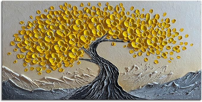zoinart 3D Oil Paintings, 24"x48", Texture Yellow Tree Wall Art, Abstract Floral Painting Home Decorations Contemporary Art for Living Room Bedroom Office Kitchen Wall Decor