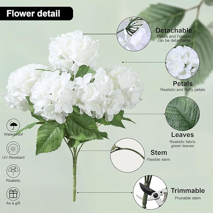 Ivydale Artificial Flowers for Outdoors, 4 PCS White Fake Silk Hydrangea Flower Stems for Bouquets UV Resistant Realistic Faux Plants Home Outdoor Wedding Party Centerpieces Decor
