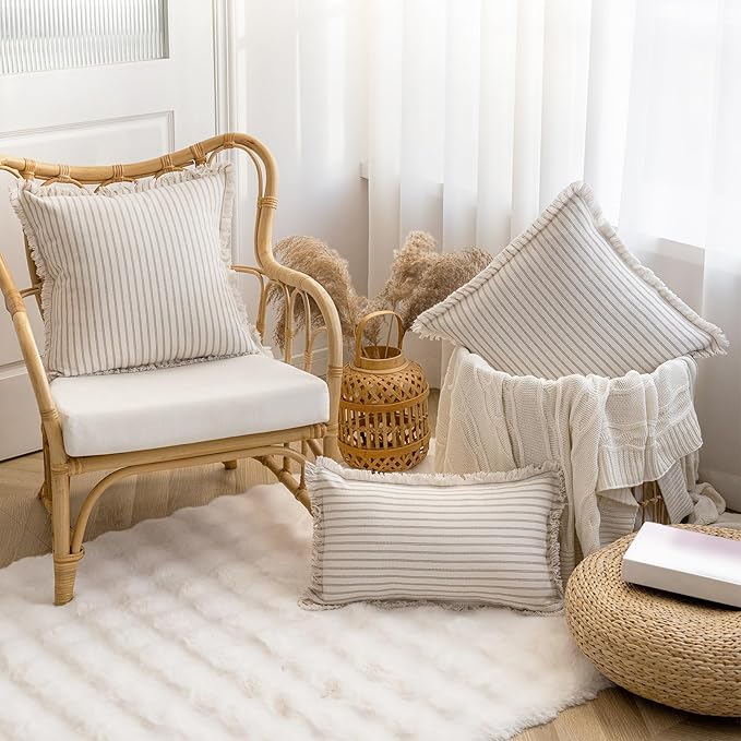 YEENAASY Throw Pillow Covers 22x22 Set of 2 Striped Fringe Pillow Cover Farmhouse Cushion Covers with Tassel Neutral Boho Pillows Decorative Square Pillowcase for Couch Sofa Bed, Khaki