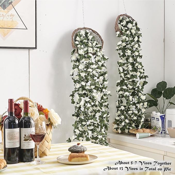 PONKING 6 Pcs x 8.2 ft Flower Garland Artificial Rose Vine Flowers with Green Leaves Hanging Fake Roses Vine for Room Party Home Wedding Birthday Christmas Wall Arch Decor, Spring White Flower