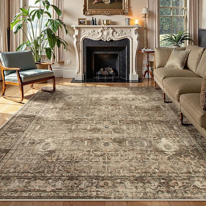 Lahome Margot Vintage 9x12 Washable Brown Rugs for Living Room Bedroom, Boho Dining Room Rugs for Under Table, Soft Non Slip Indoor Throw Carpet for Home Office Playroom (9x12ft,Brown)