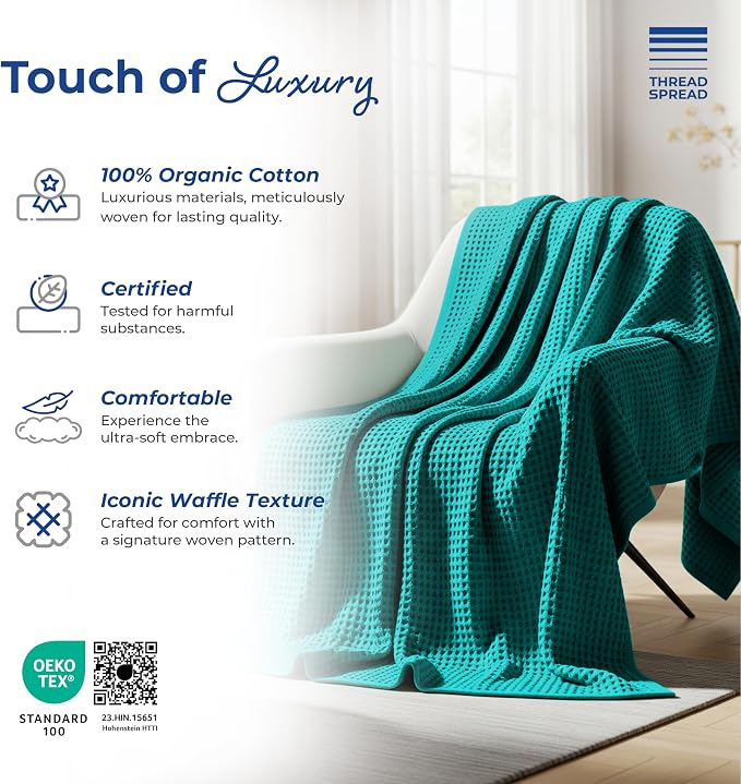 THREAD SPREAD 100% Cotton Waffle Blanket Queen Size - Soft Lightweight Breathable Waffle Weave Queen Blanket for All Season, Textured Throw Blankets for Bed, Sofa, Hotel, Hospital - Teal