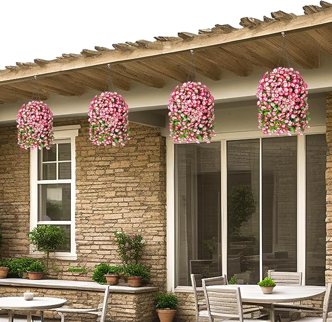 Ammyoo Artificial Faux Hanging Flowers Basket for Spring Summer Outdoor Porch Decor, Fake Silk Colorful Morning Glory Eucalyptus in Planter UV Resistant Look Real for Home Patio Balcony Yard(Pink)